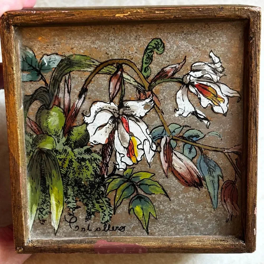 Vintage trinket box hinged lid wood hand painted floral glass & golden finish